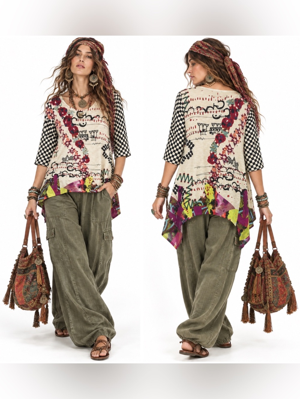 Inoah Abstract Multimedia Tunic 3/4 Sleeve Asym Hem Womens SZ S Wearable Art
